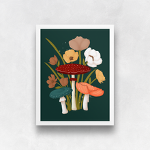 Load image into Gallery viewer, Mushrooms and Blooms 2.0 Art Print -  Green, Maroon, Orange (Dark Green Background) | Artwork by Rese