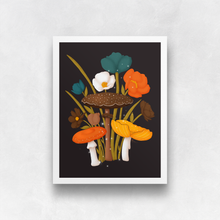 Load image into Gallery viewer, Mushrooms and Blooms 2.0 Art Print - Orange, Brown, Yellow (Black Background) | Artwork by Rese