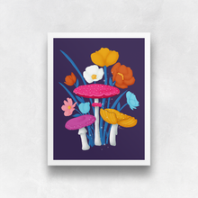 Load image into Gallery viewer, Mushrooms and Blooms 2.0 Art Print - Purple, Pink, Yellow (Purple Background) (Exclusive Print!) | Artwork by Rese