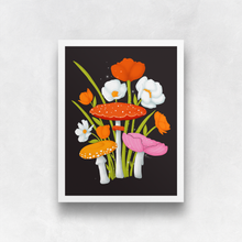 Load image into Gallery viewer, Mushrooms and Blooms 2.0 Art Print - Yellow, Red-Orange, Pink (Black Background) (Excluisve Print!) | Artwork by Rese