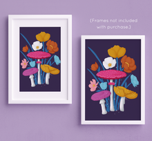 Load image into Gallery viewer, Mushrooms and Blooms 2.0 Art Print - Purple, Pink, Yellow (Purple Background) (Exclusive Print!) | Artwork by Rese