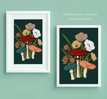 Load image into Gallery viewer, Mushrooms and Blooms 2.0 Art Print -  Green, Maroon, Orange (Dark Green Background) | Artwork by Rese