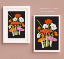 Load image into Gallery viewer, Mushrooms and Blooms 2.0 Art Print - Yellow, Red-Orange, Pink (Black Background) (Excluisve Print!) | Artwork by Rese