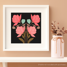 Load image into Gallery viewer, Symmetrical Floral Bouquet - Rustic Pink (Black Background) Art Print | Artwork by Rese