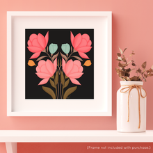 Load image into Gallery viewer, Symmetrical Floral Bouquet - Rustic Pink II (Black Background) Art Print | Artwork by Rese