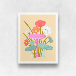 Mushrooms and Blooms 2.0 Art Print - Blue-Green, White, Pink | Artwork by Rese