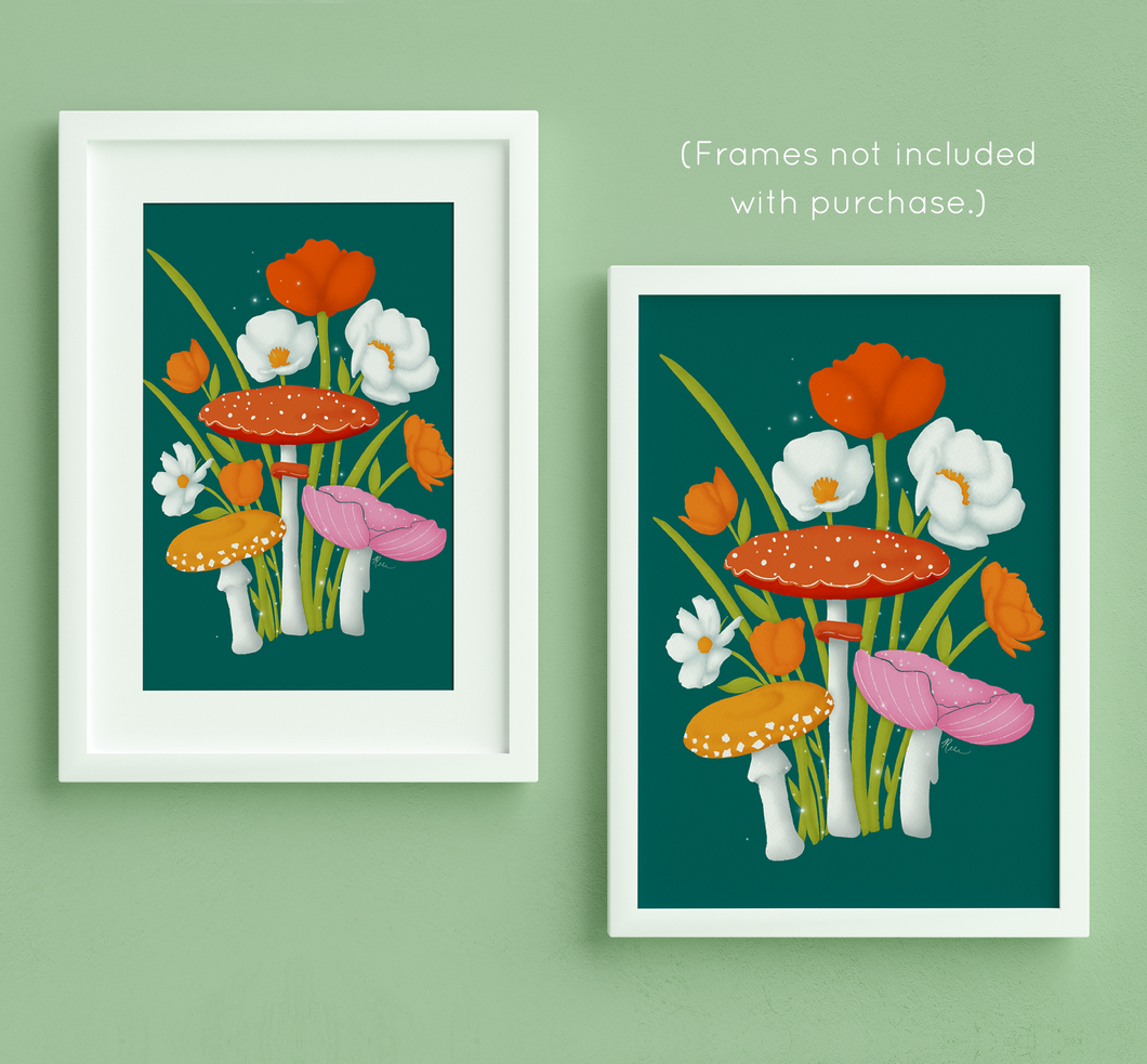 Mushrooms and Blooms 2.0 Art Print - Yellow, Red-Orange, Pink | Artwork by Rese