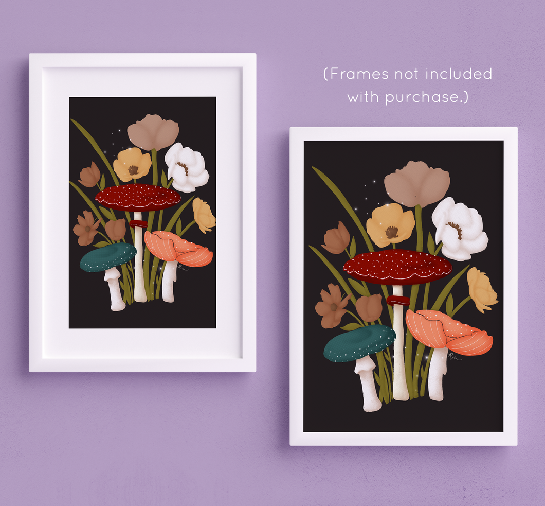 Mushrooms and Blooms 2.0 Art Print - Green, Maroon, Orange | Artwork by Rese