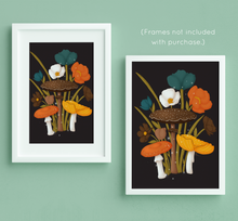 Load image into Gallery viewer, Mushrooms and Blooms 2.0 Art Print - Orange, Brown, Yellow (Black Background) | Artwork by Rese
