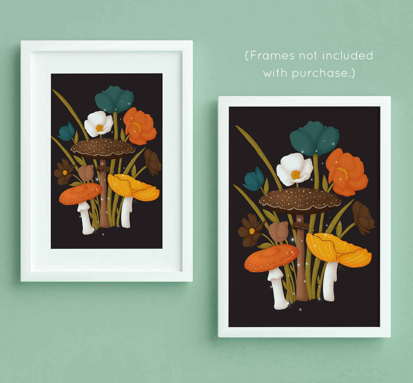 Mushrooms and Blooms 2.0 Art Print - Orange, Brown, Yellow (Black Background) | Artwork by Rese