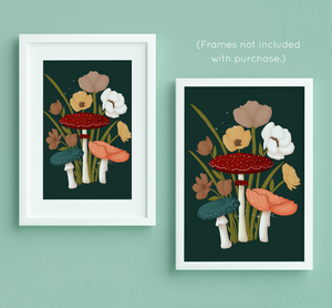 Mushrooms and Blooms 2.0 Art Print -  Green, Maroon, Orange (Dark Green Background) | Artwork by Rese