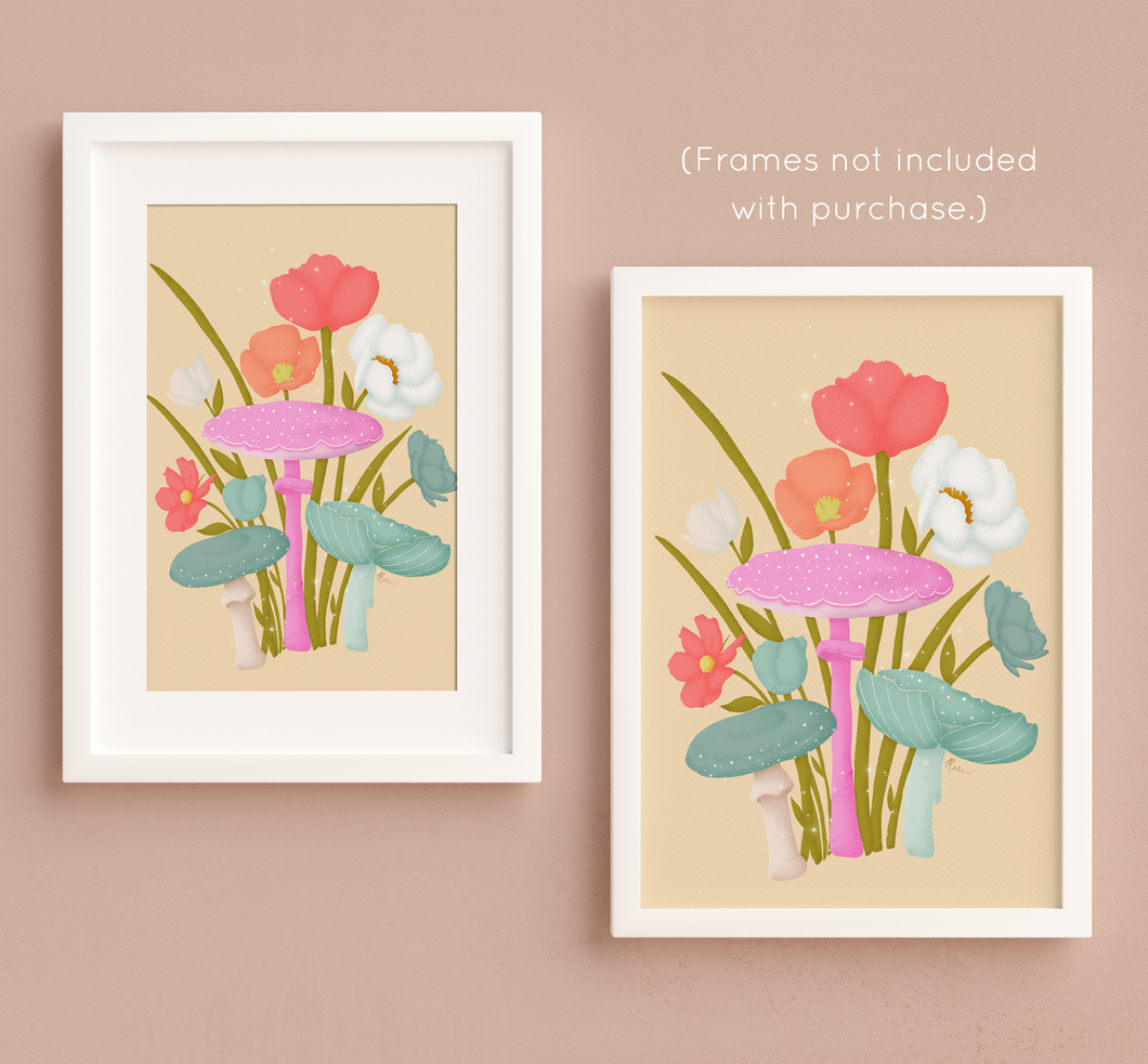 Mushrooms and Blooms 2.0 Art Print - Blue-Green, White, Pink | Artwork by Rese