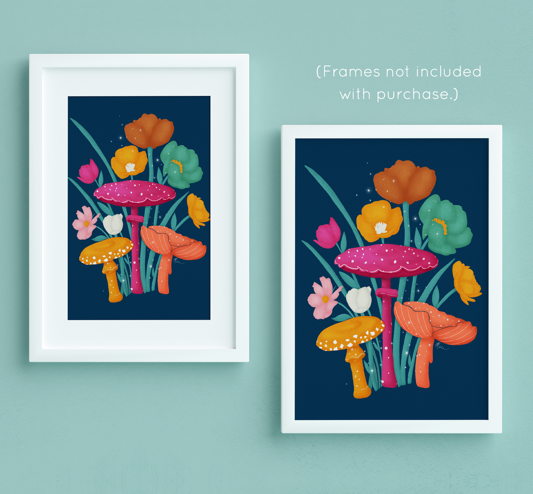 Mushrooms and Blooms 2.0 Art Print - Yellow, Pink, Orange | Artwork by Rese