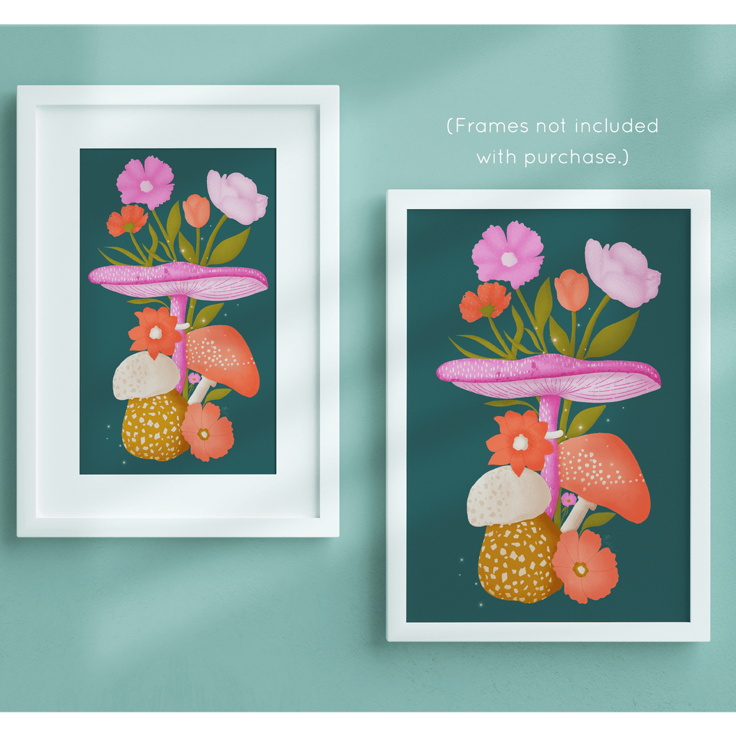 Mushrooms and Blooms Art Print | Artwork by Rese