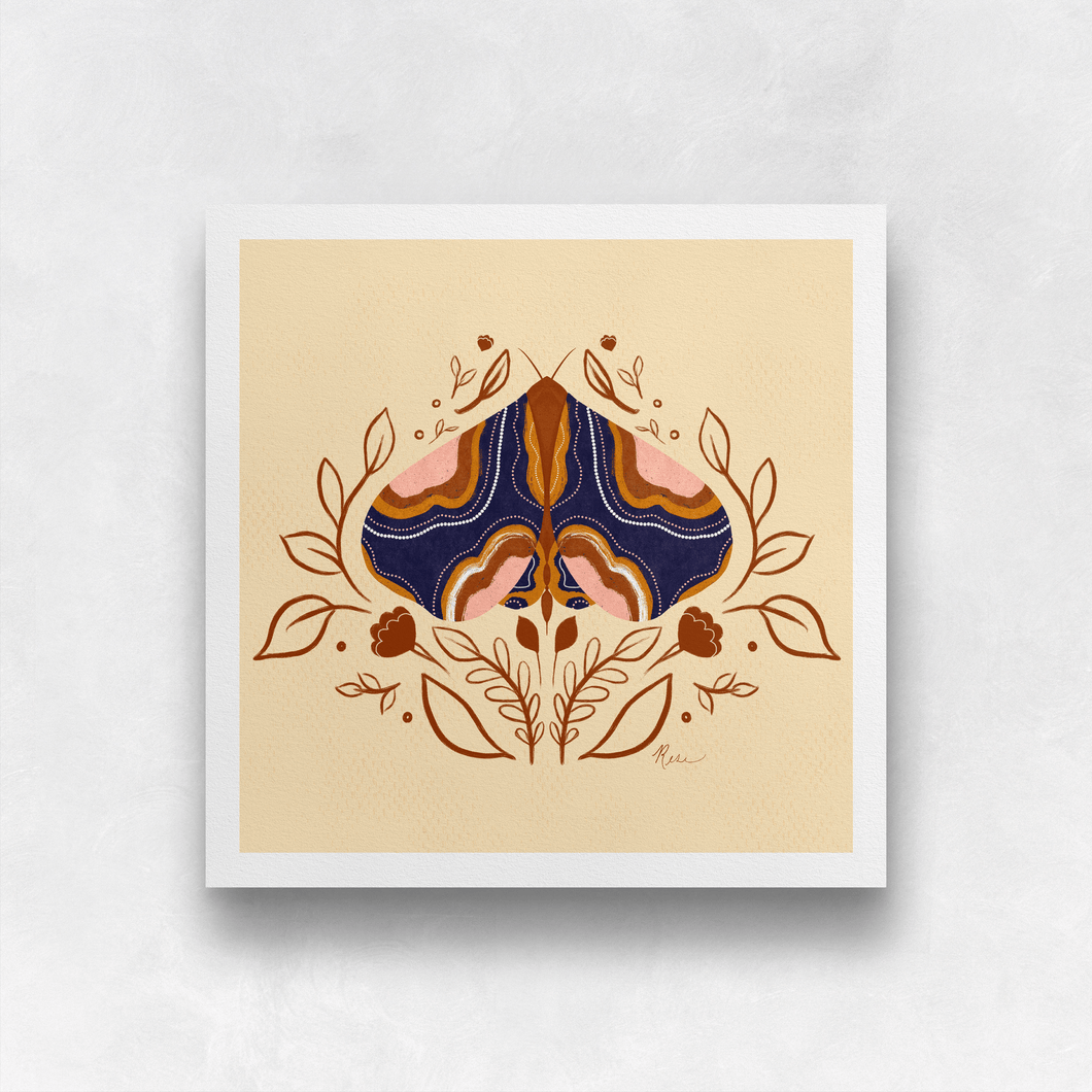 Boho Moth with Leaf Border - Blue Art Print | Artwork by Rese