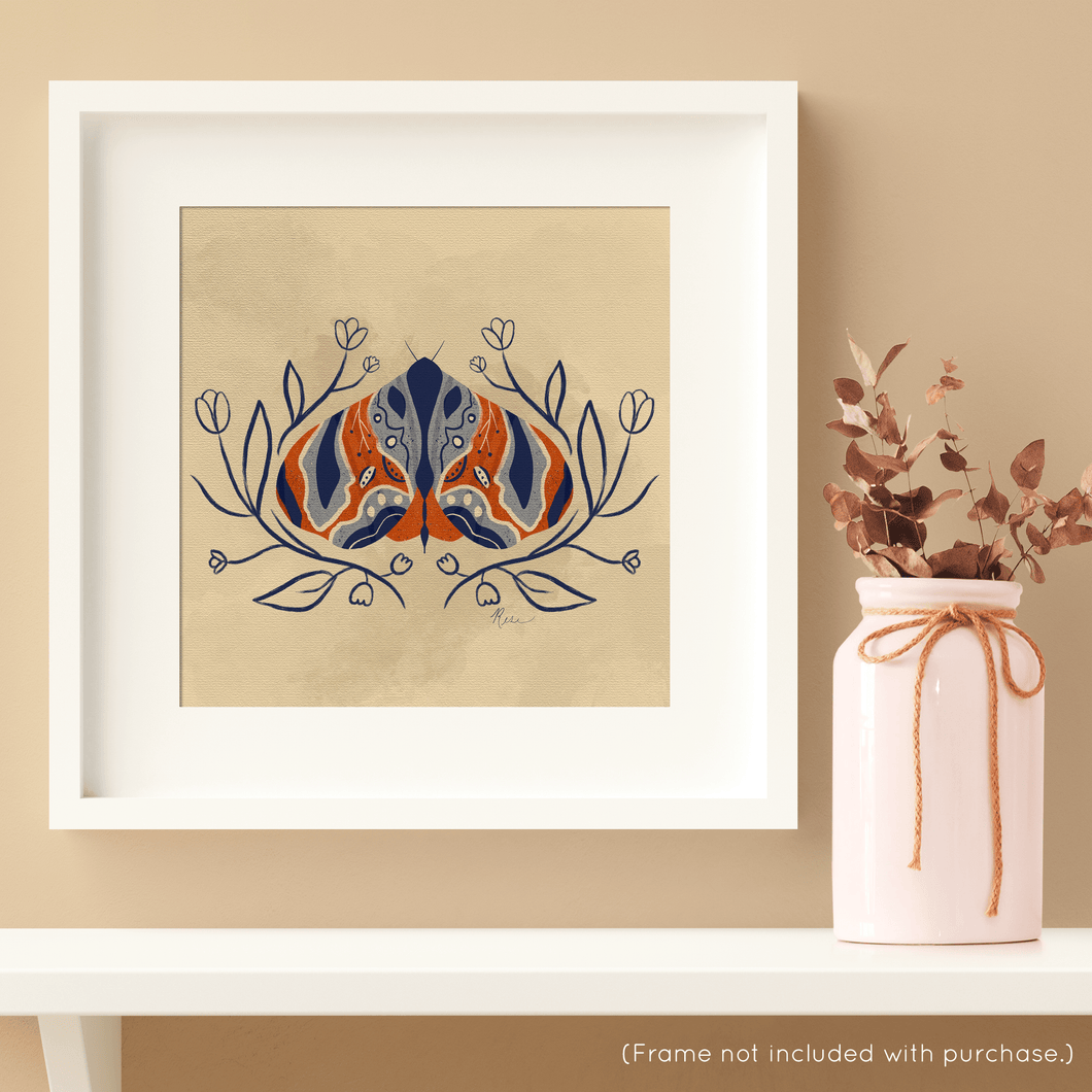 Moth - Blue and Orange with Embellishment Art Print (Exclusive Print!) | Artwork by Rese