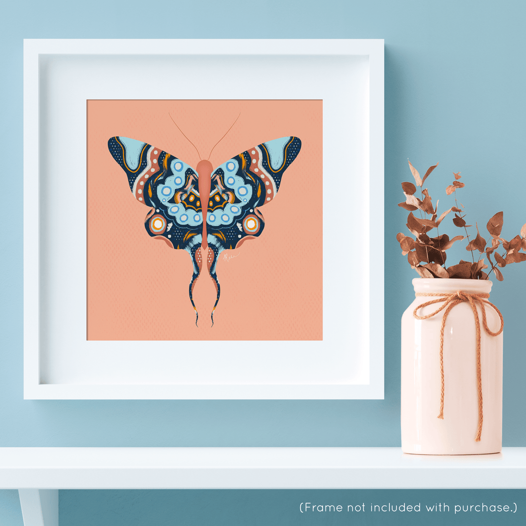 Blue and Peach Moth Art Print | Artwork by Rese
