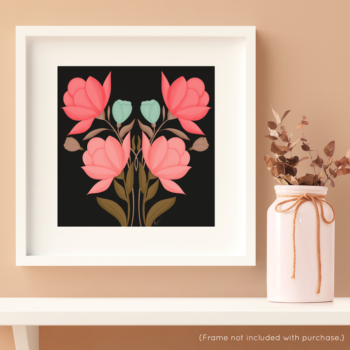 Symmetrical Floral Bouquet - Rustic Pink (Black Background) Art Print | Artwork by Rese