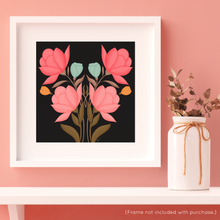 Load image into Gallery viewer, Symmetrical Floral Bouquet - Rustic Pink II (Black Background) Art Print | Artwork by Rese
