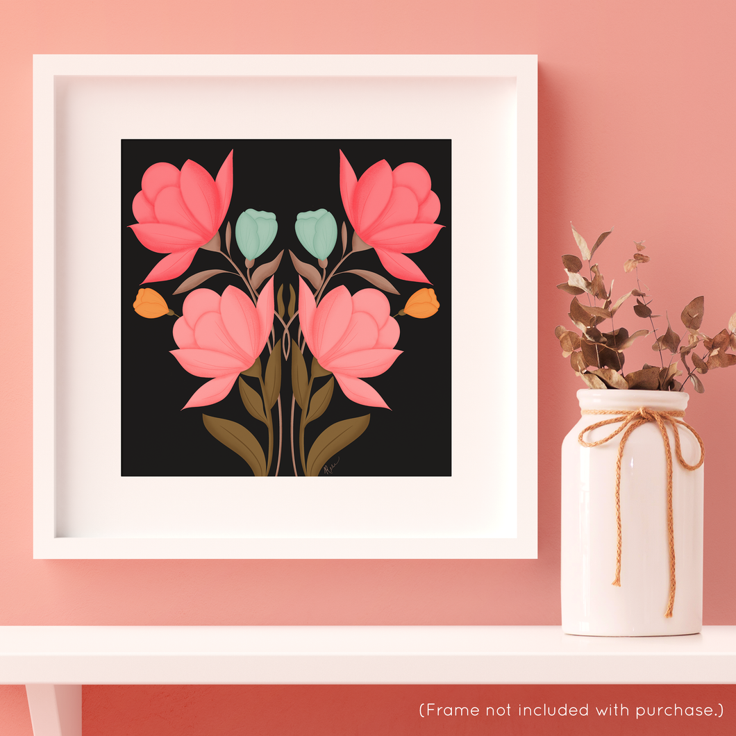 Symmetrical Floral Bouquet - Rustic Pink II (Black Background) Art Print | Artwork by Rese