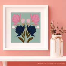 Load image into Gallery viewer, Symmetrical Floral Bouquet - Pink and Navy Art Print | Artwork by Rese
