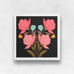 Symmetrical Floral Bouquet - Rustic Pink II (Black Background) Art Print | Artwork by Rese