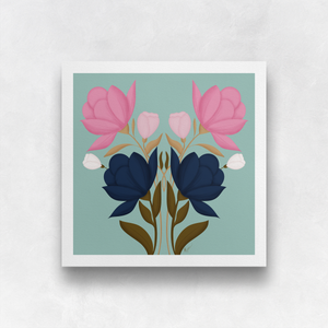 Symmetrical Floral Bouquet - Pink and Navy Art Print | Artwork by Rese